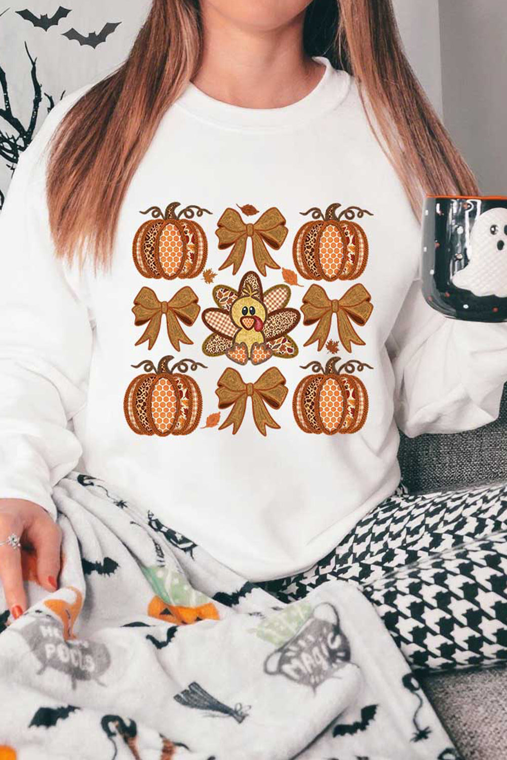 Cute Turkey Fall Pumpkin Bow Print Drop Shoulder Sweatshirt