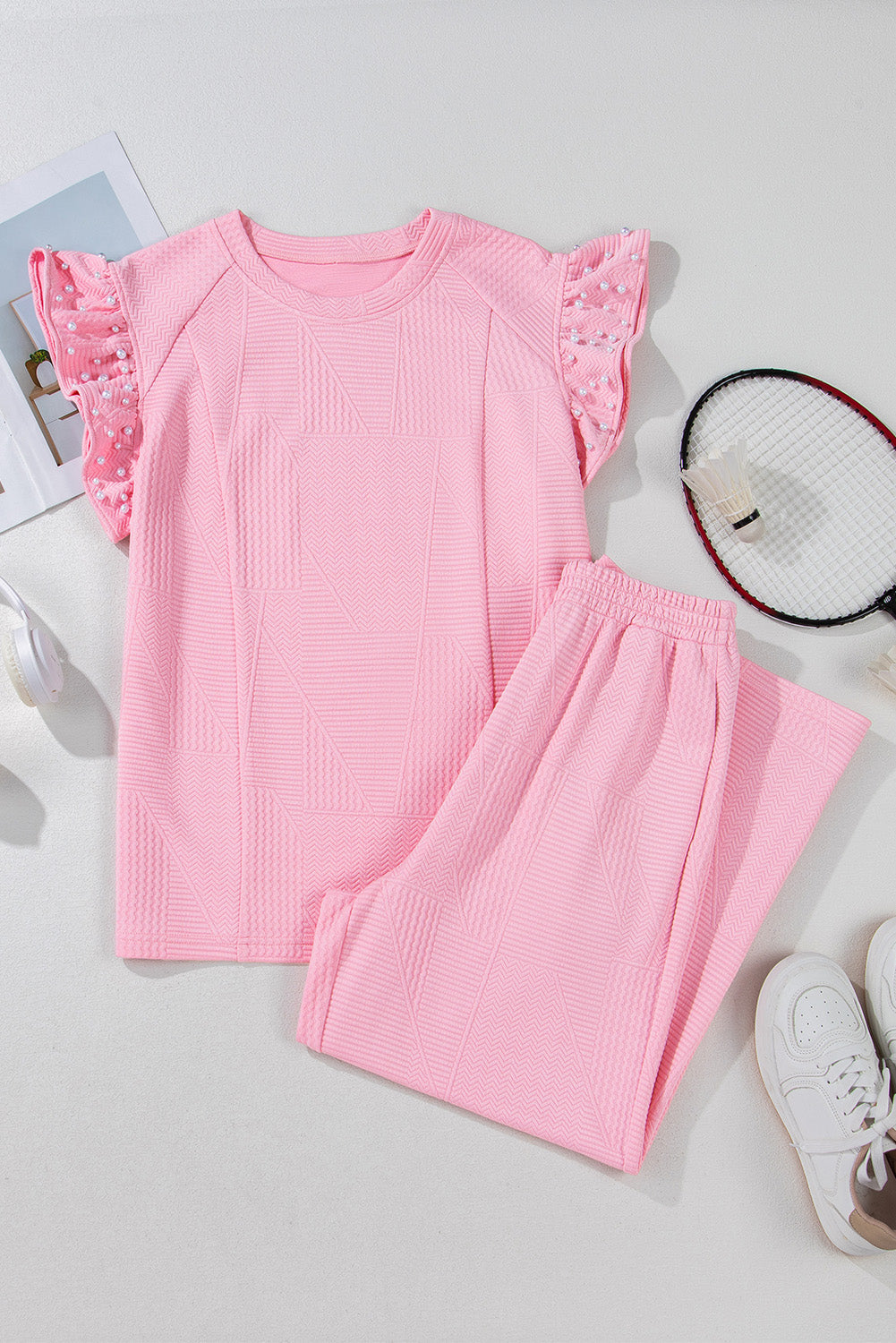 Pearled Textured Ruffled Sleeve Wide Leg Pants Set