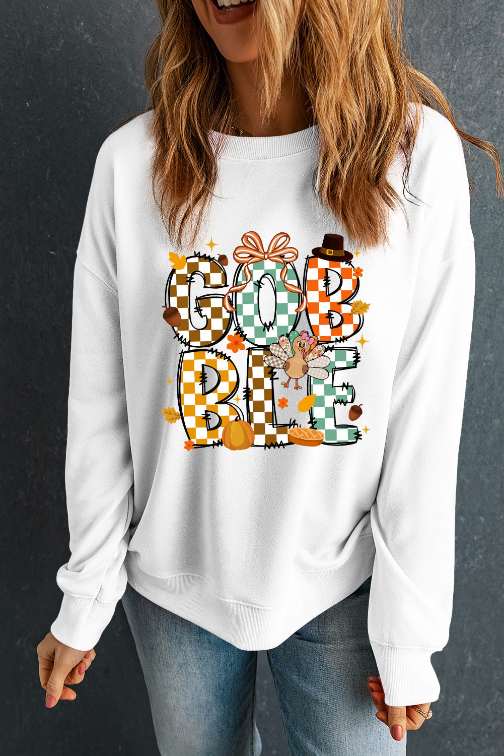 GOBBLE Checkered Letter Print Thanksgiving Turkey Graphic Sweatshirt