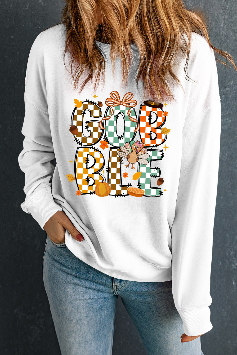 GOBBLE Checkered Letter Print Thanksgiving Turkey Graphic Sweatshirt