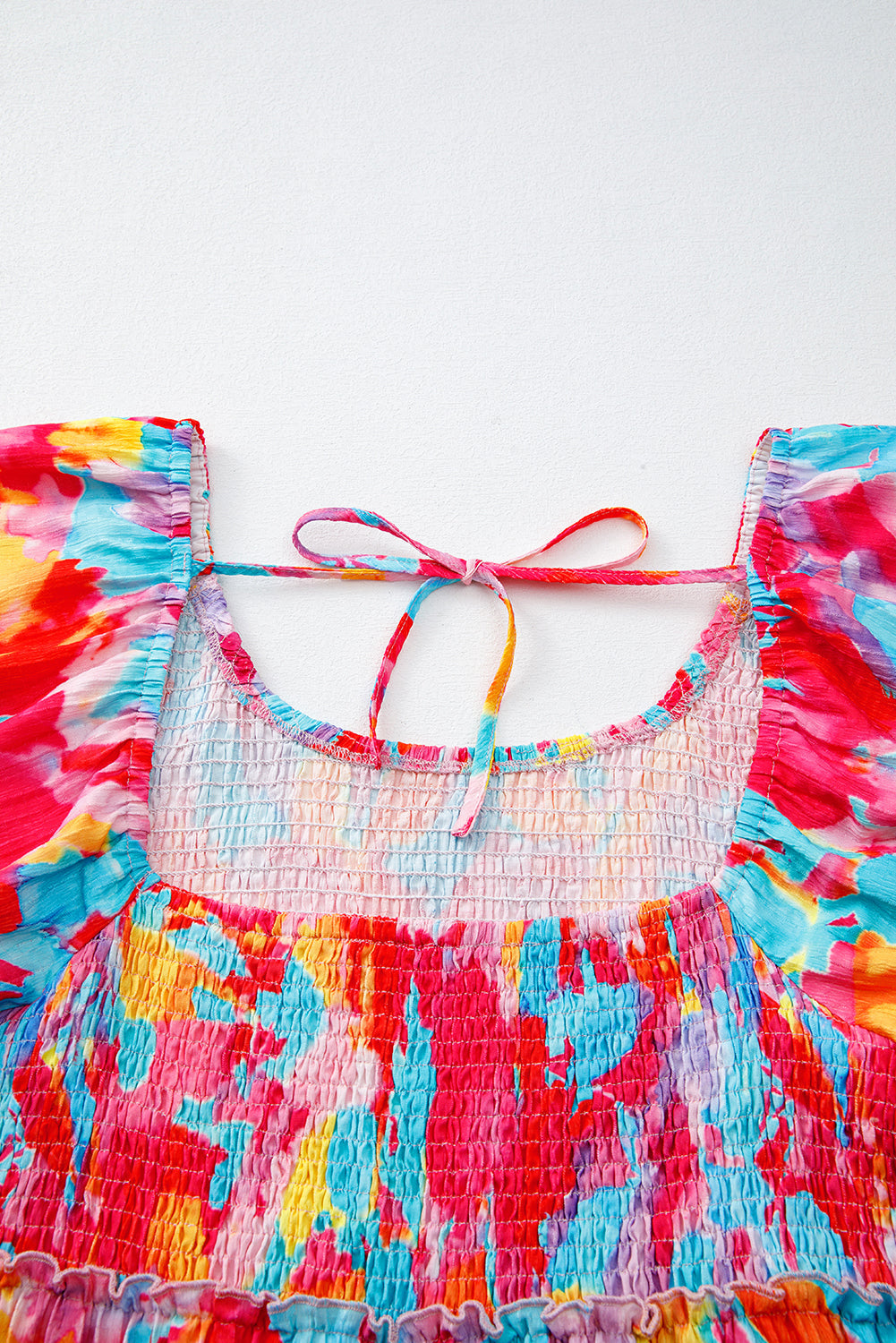 Abstract Printed Puff Sleeve Square Neck Smocked Bust Tied Back Plus Size Dress