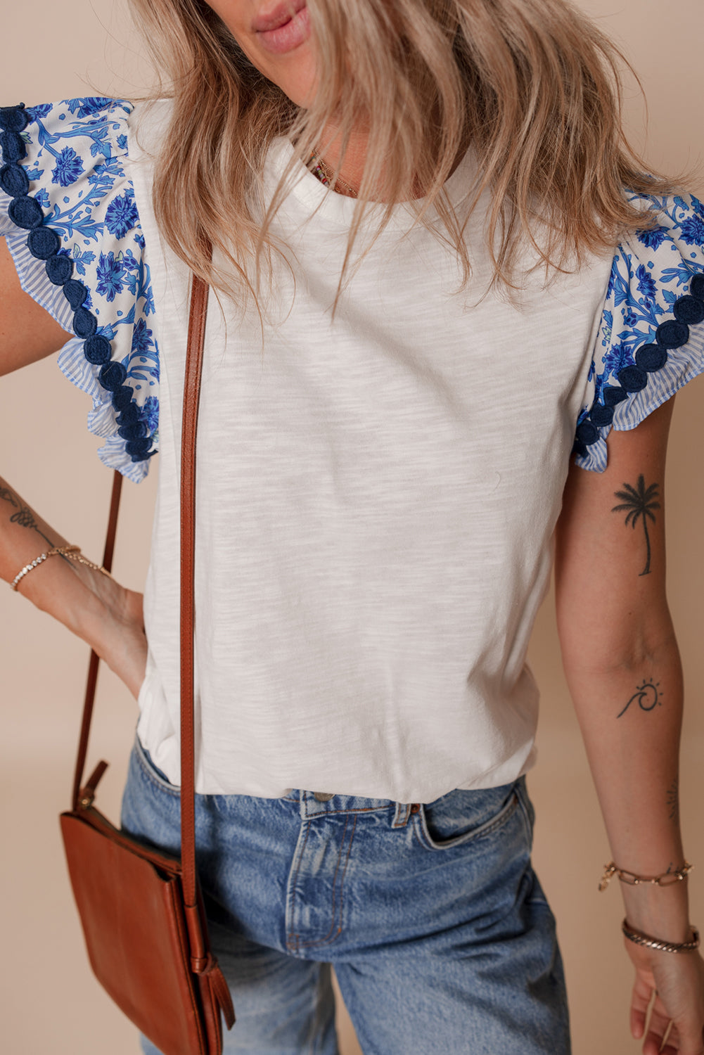 Ricrac Trim Printed Flutter Sleeve Contrast Patchwork Blouse