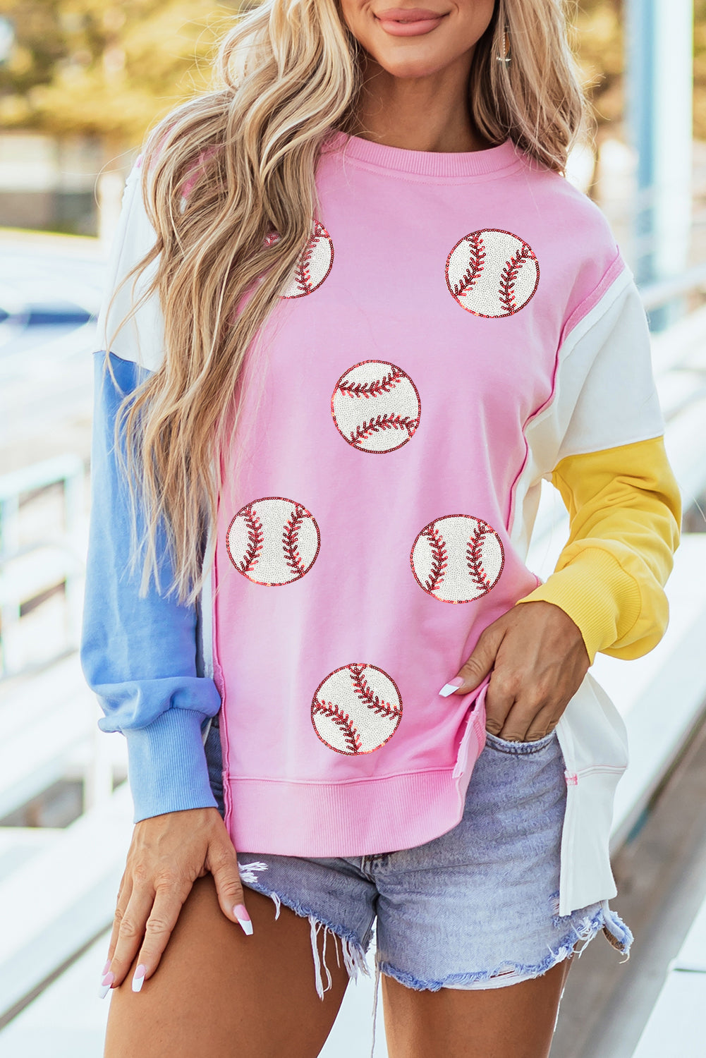 Color Block Patchwork Sequin Baseball Patched Sweatshirt