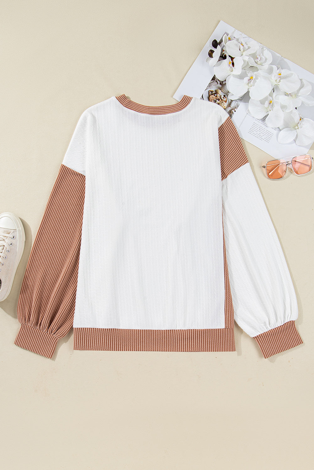 Cable Texture Ribbed Color Block Plus Size Knit Top