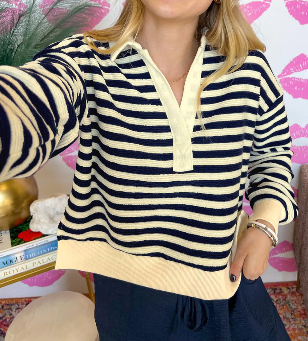 Stripe Collared V Neck Long Sleeve Casual Top