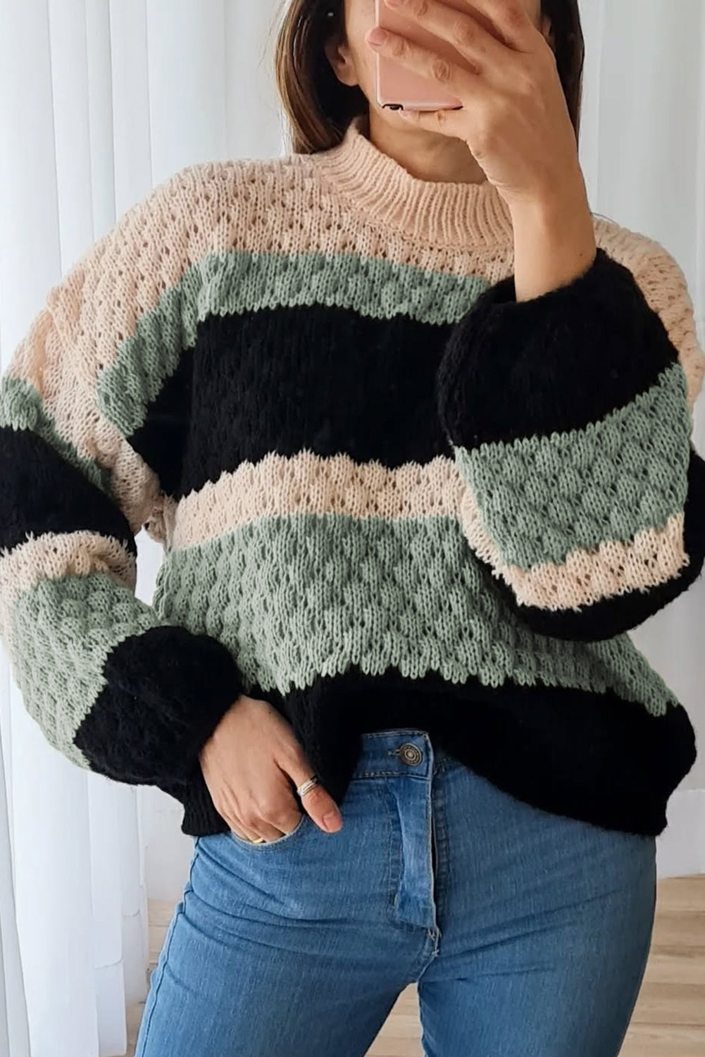 Block High Neck Baggy Sweater