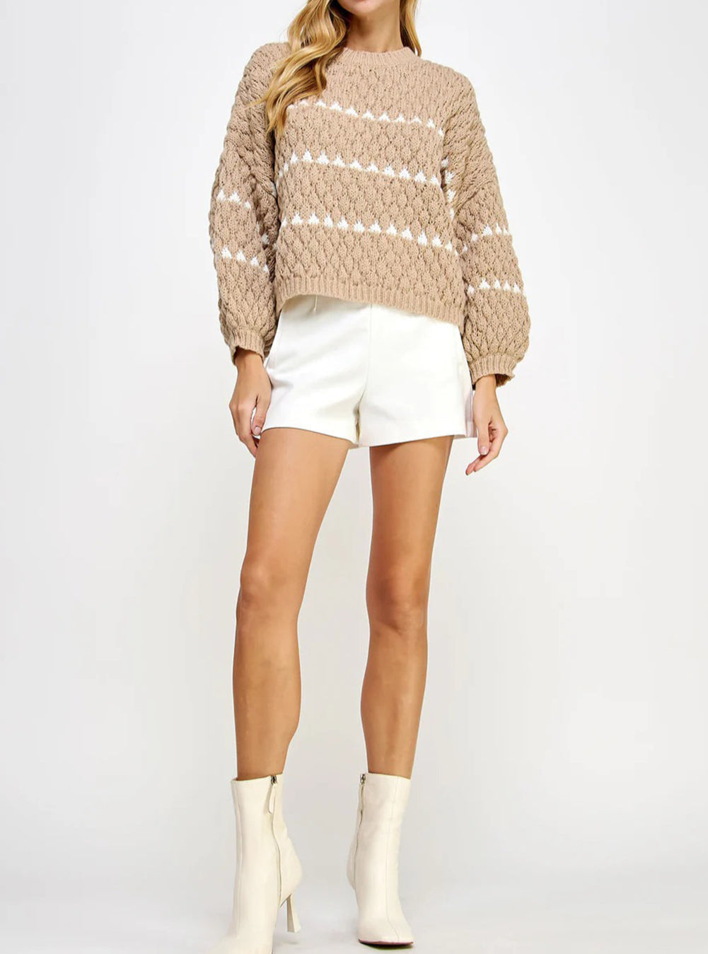 Contrast Detail Textured Knit Puff Sleeve Baggy Sweater