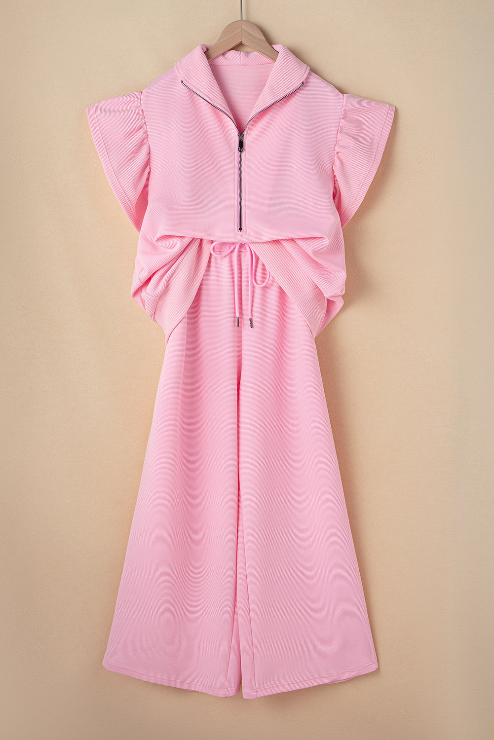 Textured Ruffled Sleeve Zipped Set