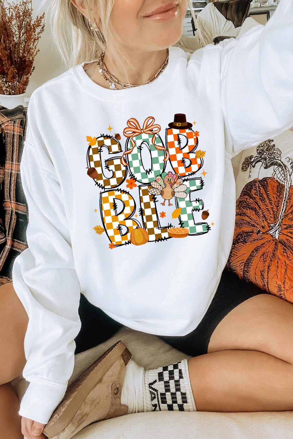 GOBBLE Checkered Letter Print Thanksgiving Turkey Graphic Sweatshirt