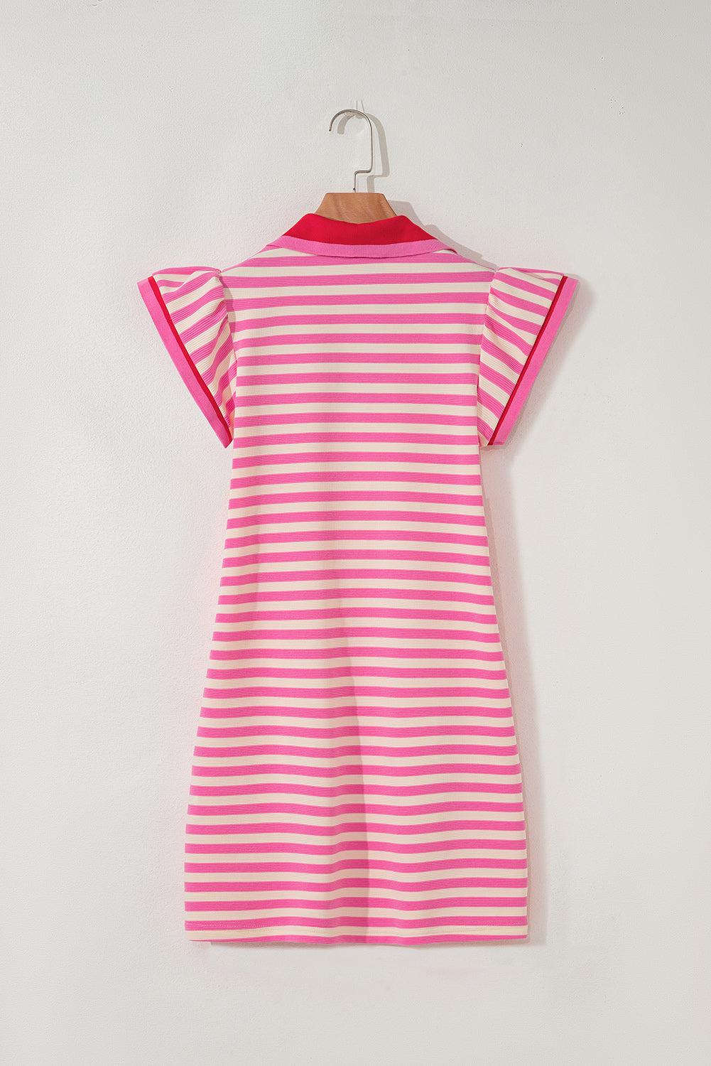 Green Stripe Print Contrast Collar Split Neck Flutter Sleeve Short Dress