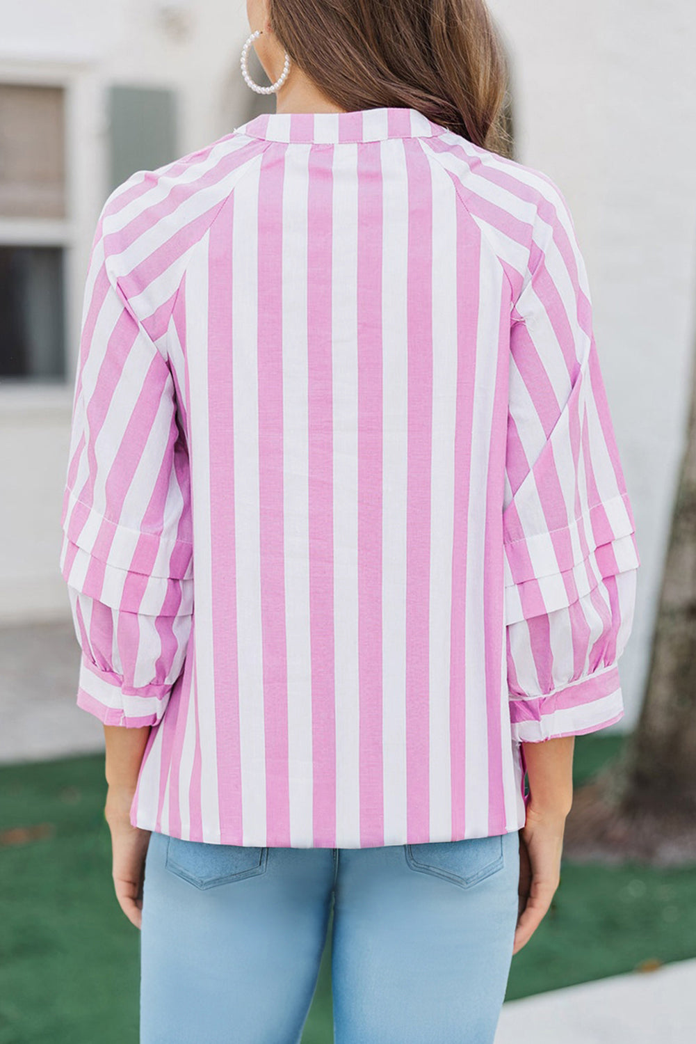 Split Neck Button Decor Front Puff Sleeve Blouse