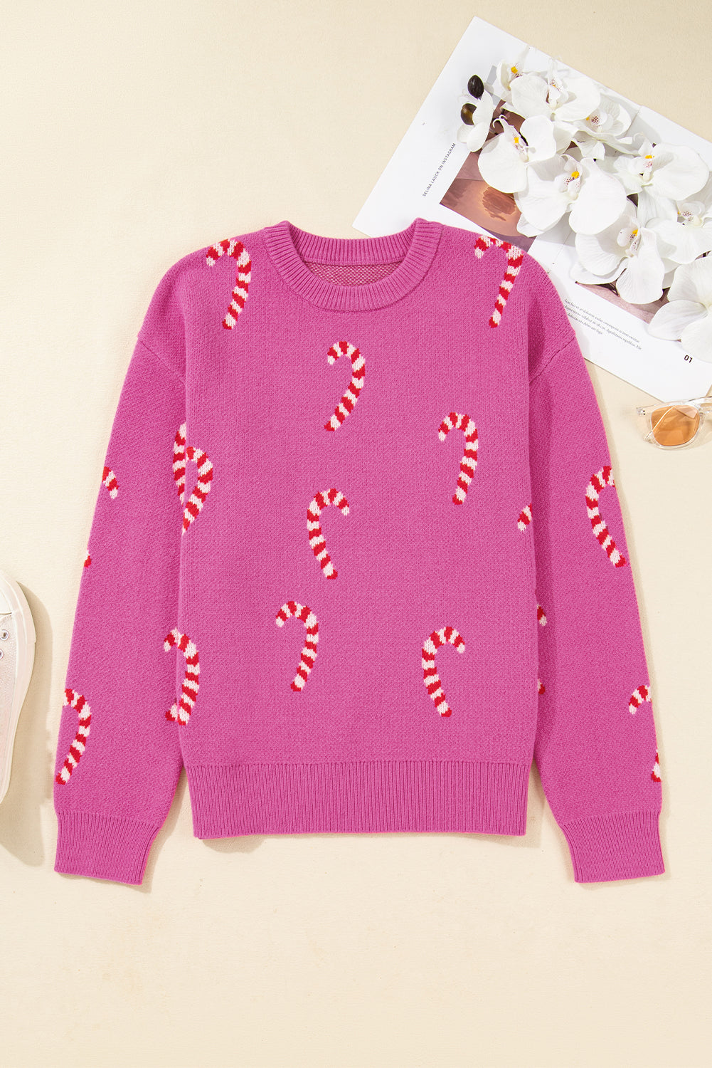 Christmas Candy Cane Holiday Drop Shoulder Sweater