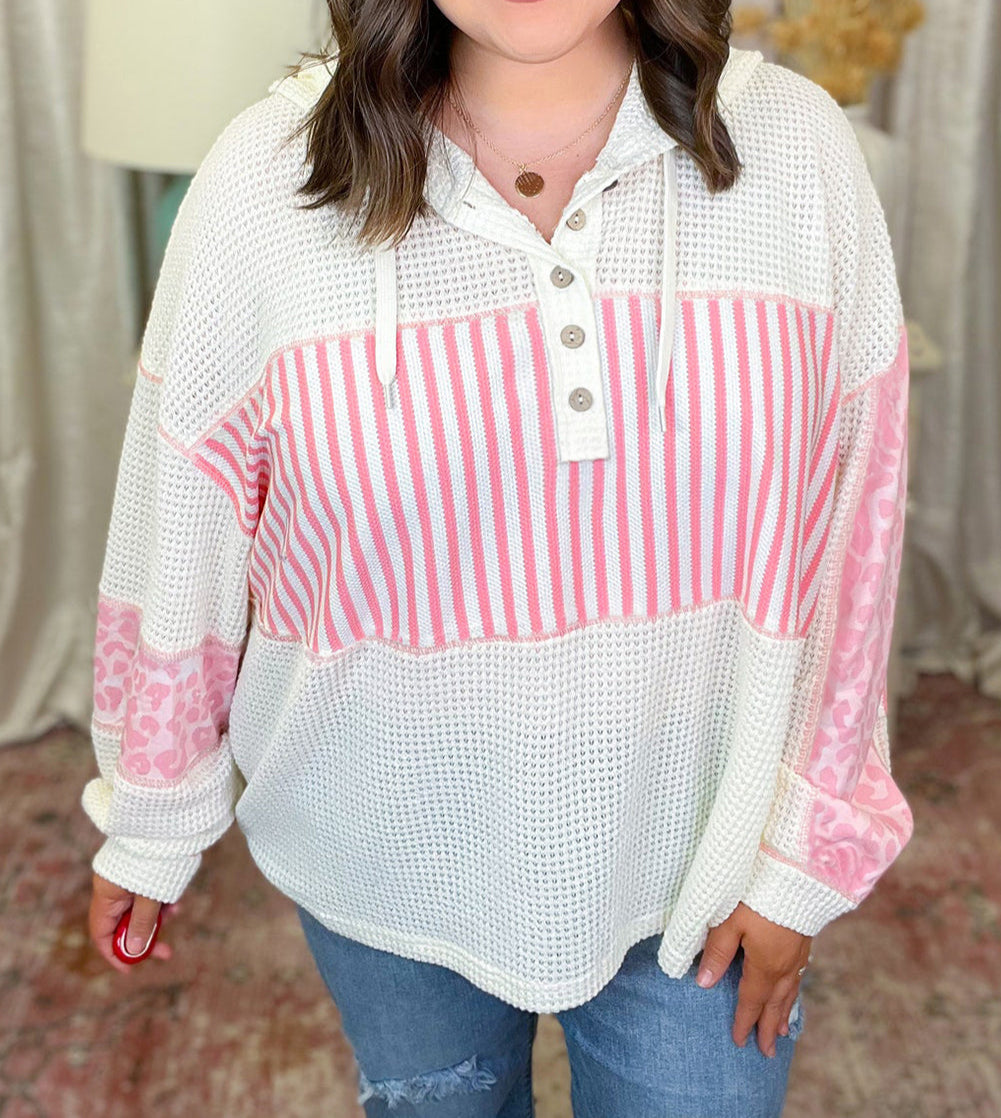 Stripe Leopard Patchwork Waffle Knit Buttoned Plus Size Hoodie