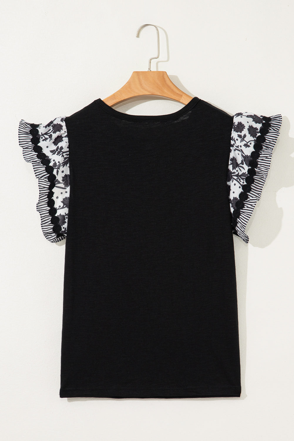 Ricrac Trim Printed Flutter Sleeve Contrast Patchwork Blouse