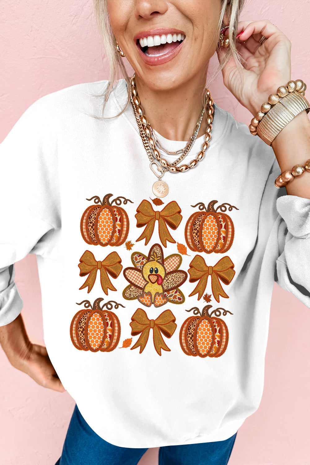 Cute Turkey Fall Pumpkin Bow Print Drop Shoulder Sweatshirt