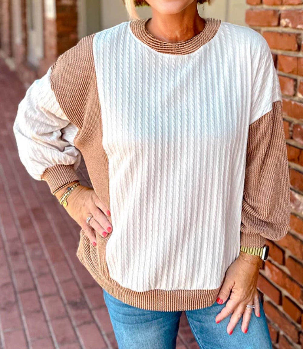 Cable Texture Ribbed Color Block Plus Size Knit Top