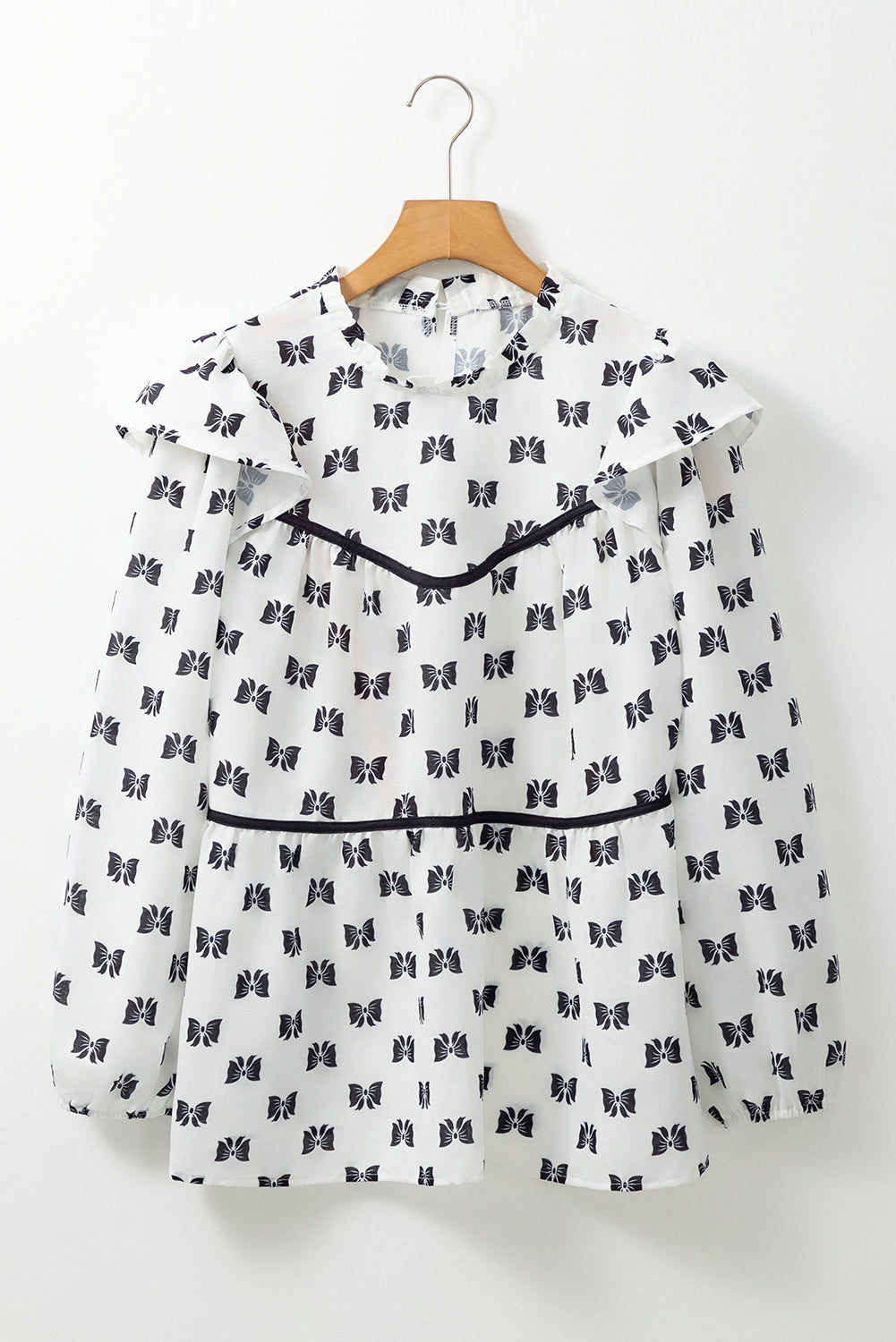 Bow Knot Print Piping Trim Ruffled Blouse