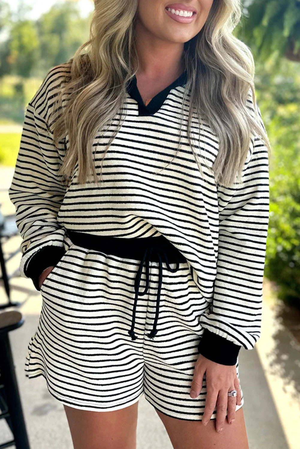 Stripe Collared Tee and Drawstring Shorts Set
