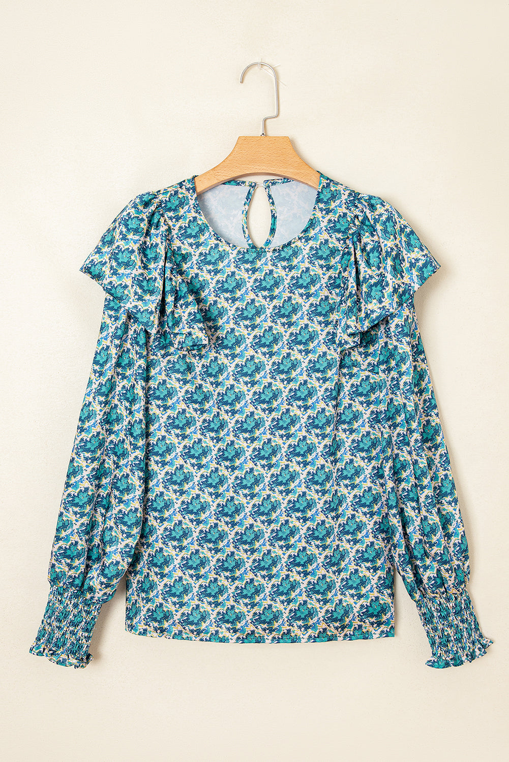 Abstract Print Shirred Cuff Puff Sleeve Blouse