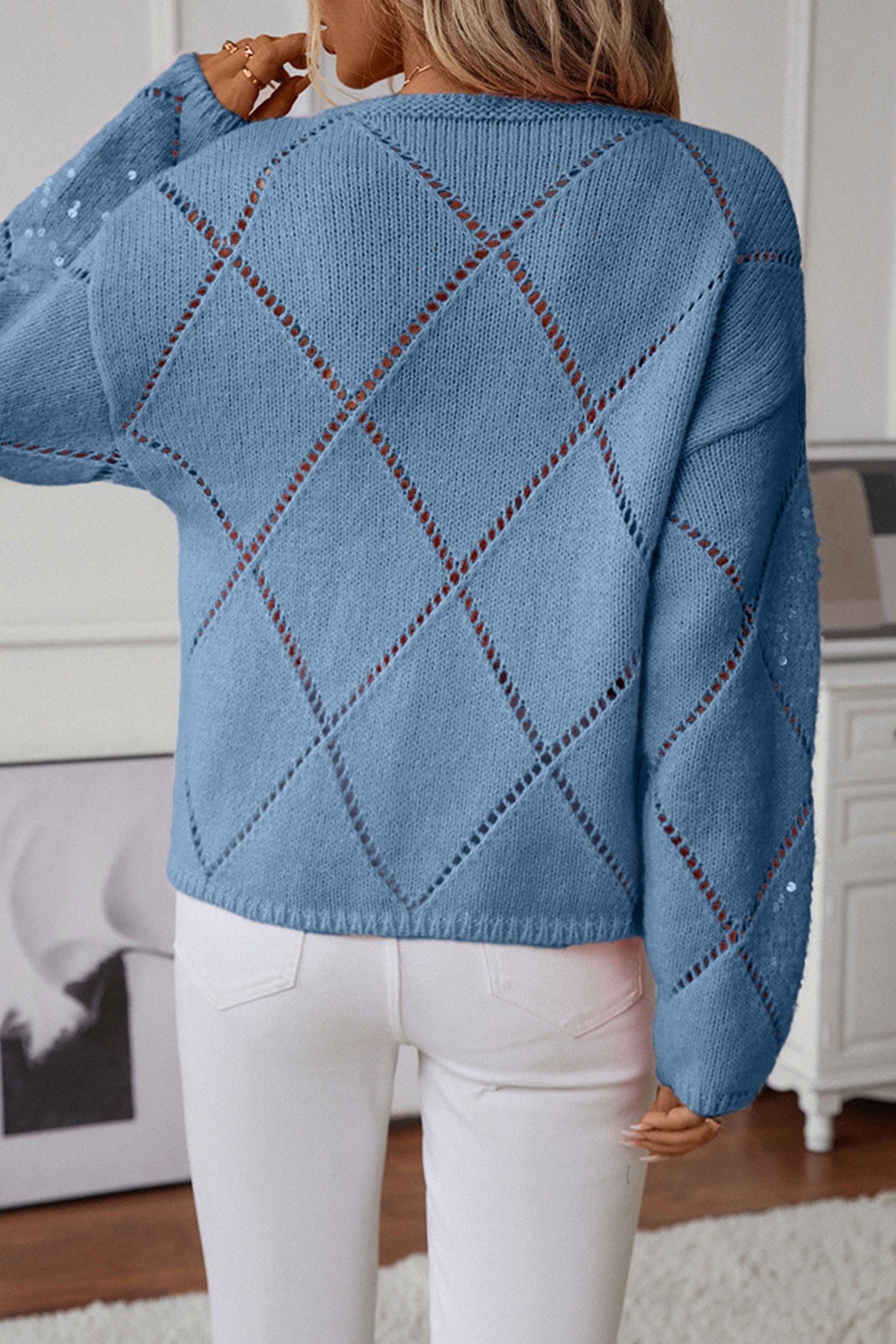 Hollowed Rhombus Pattern Sequin Sweater