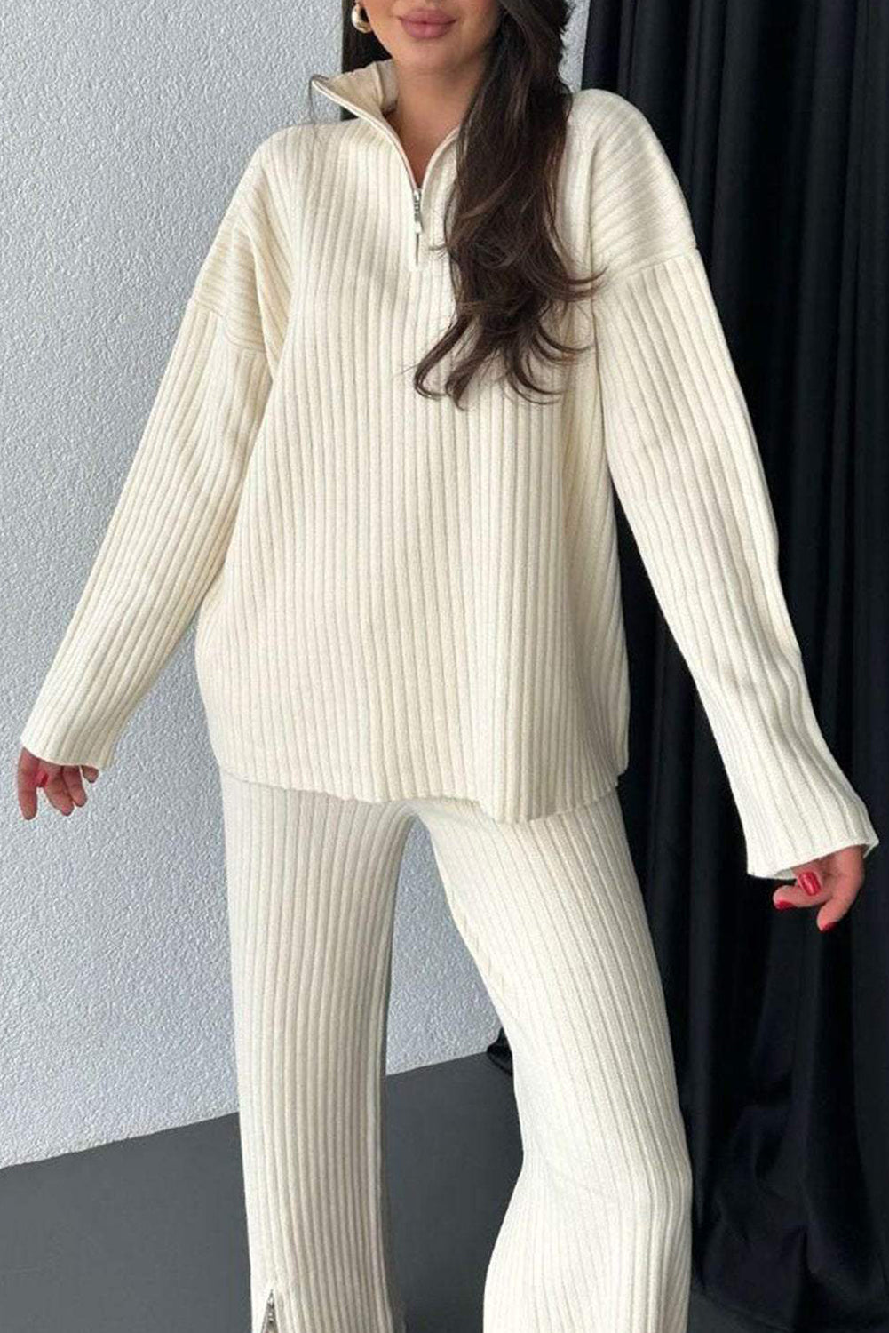 Zip Collar Ribbed Pullover Split Leg Lounge Pants Set