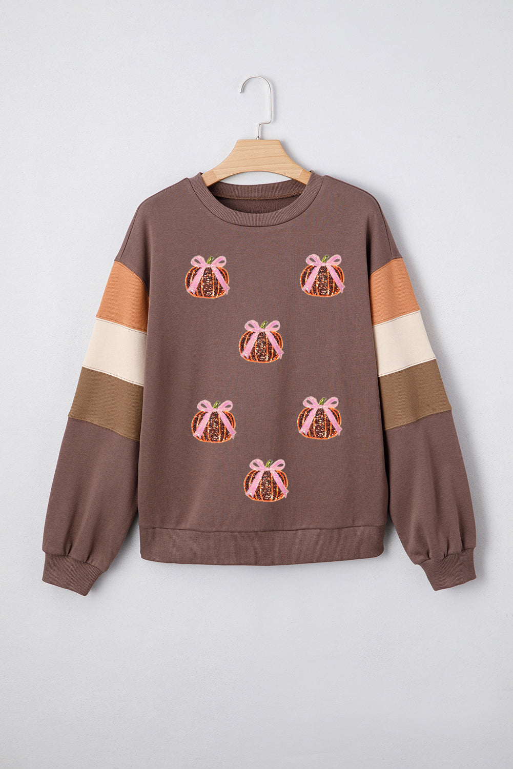 Block Patchwork Sequin Bow Pumpkin Graphic Sweatshirt