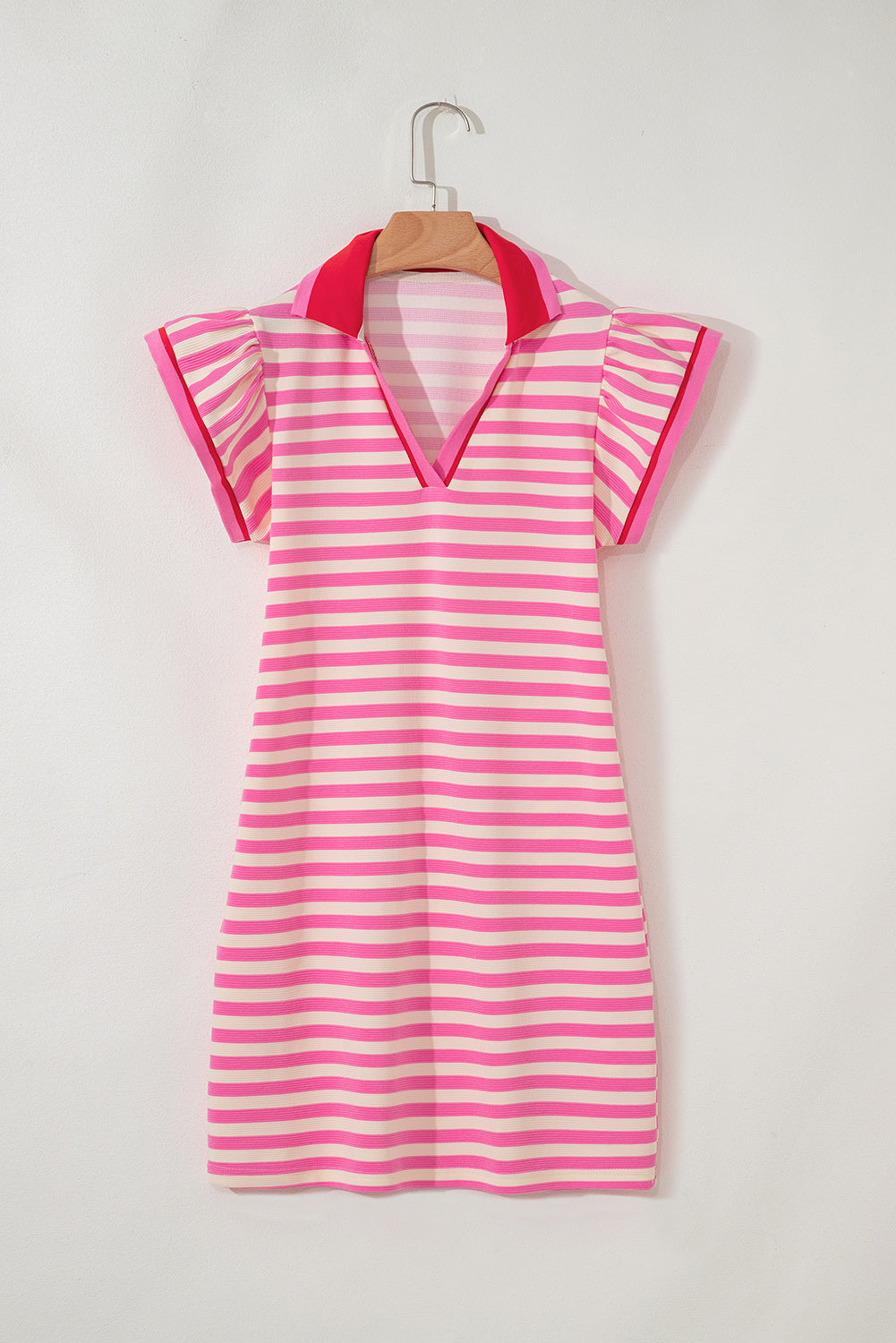 Green Stripe Print Contrast Collar Split Neck Flutter Sleeve Short Dress