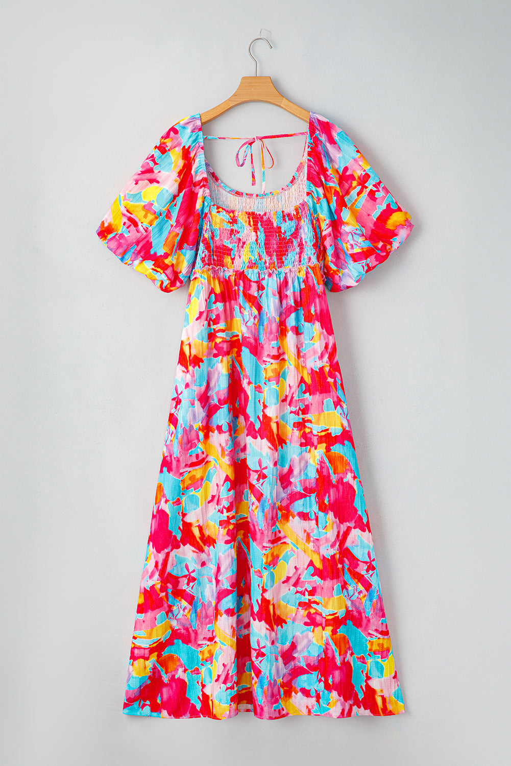 Abstract Printed Puff Sleeve Square Neck Smocked Bust Tied Back Plus Size Dress