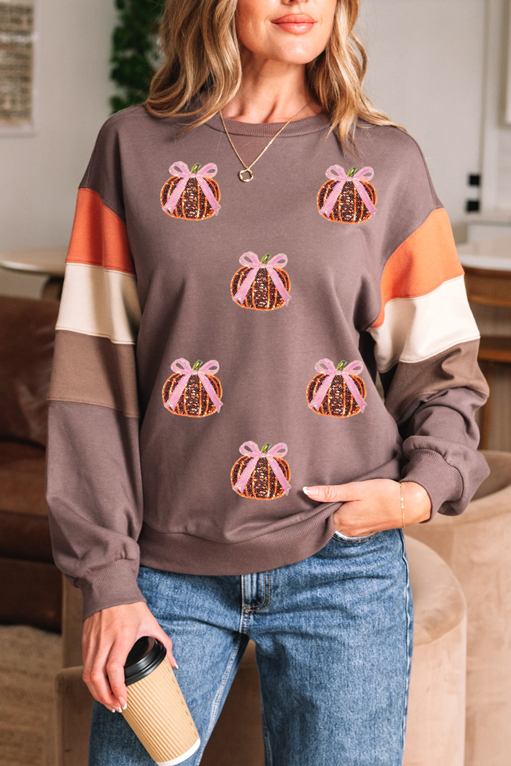 Block Patchwork Sequin Bow Pumpkin Graphic Sweatshirt