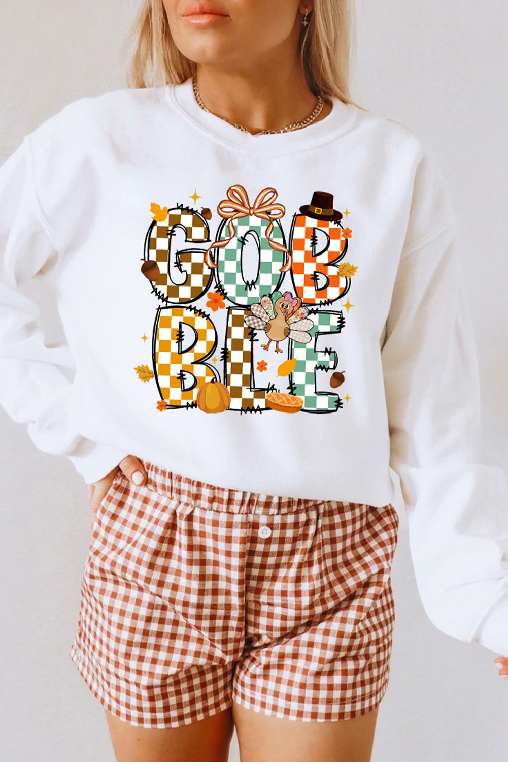 GOBBLE Checkered Letter Print Thanksgiving Turkey Graphic Sweatshirt