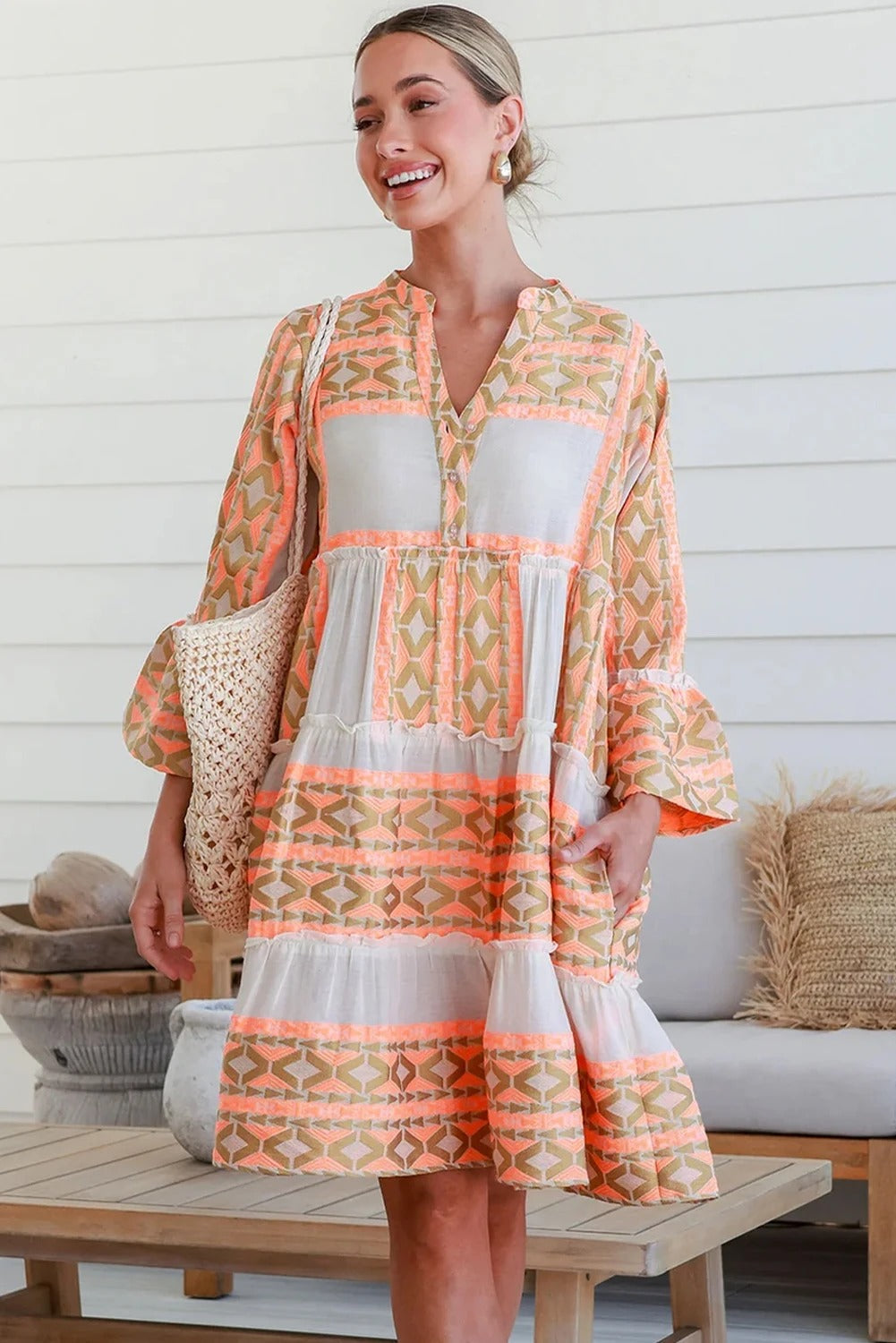 Boho Geometric V-Neck Frill Tiered Dress