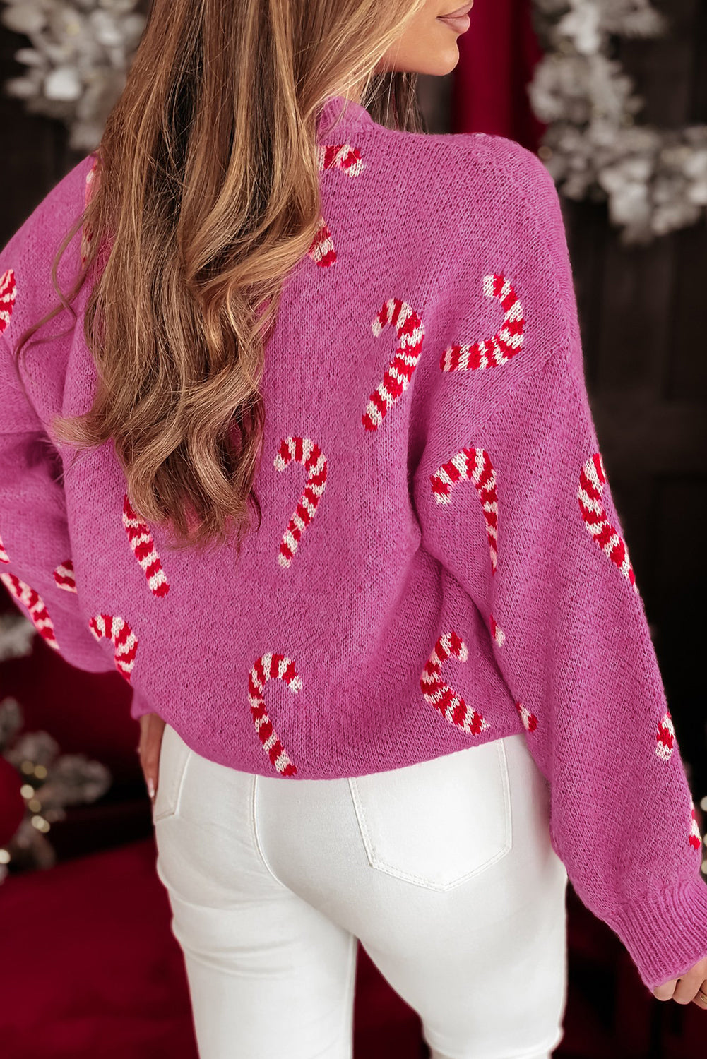 Christmas Candy Cane Holiday Drop Shoulder Sweater