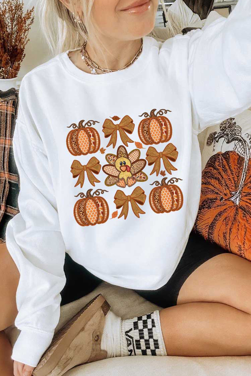 Cute Turkey Fall Pumpkin Bow Print Drop Shoulder Sweatshirt