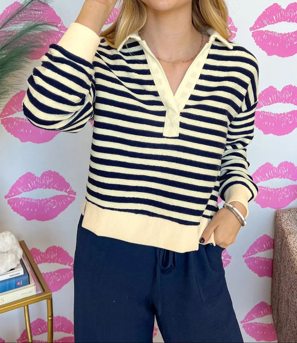 Stripe Collared V Neck Long Sleeve Casual Top