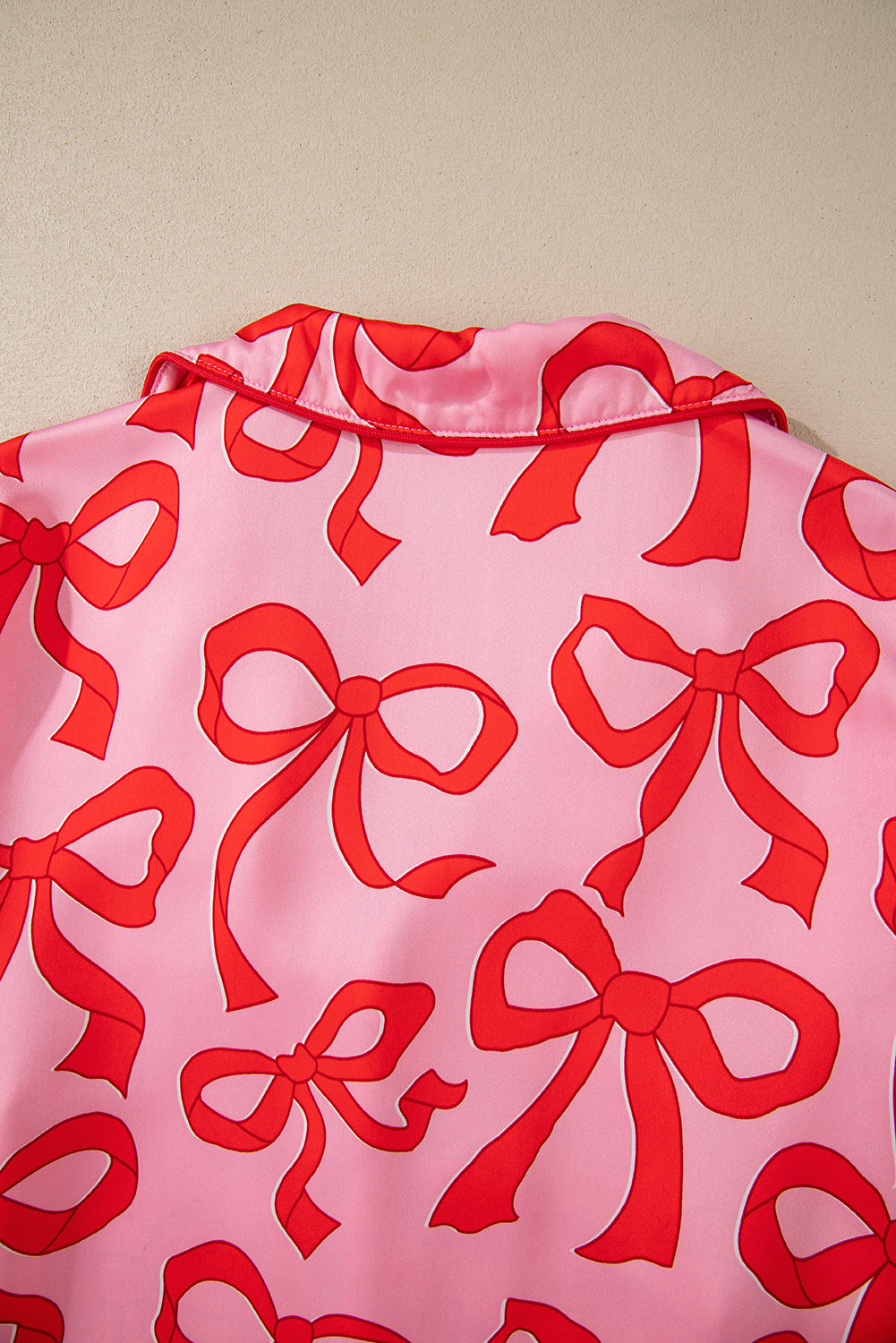 2pcs Bow Print Shirt Style Long Sleeve Pajama Set