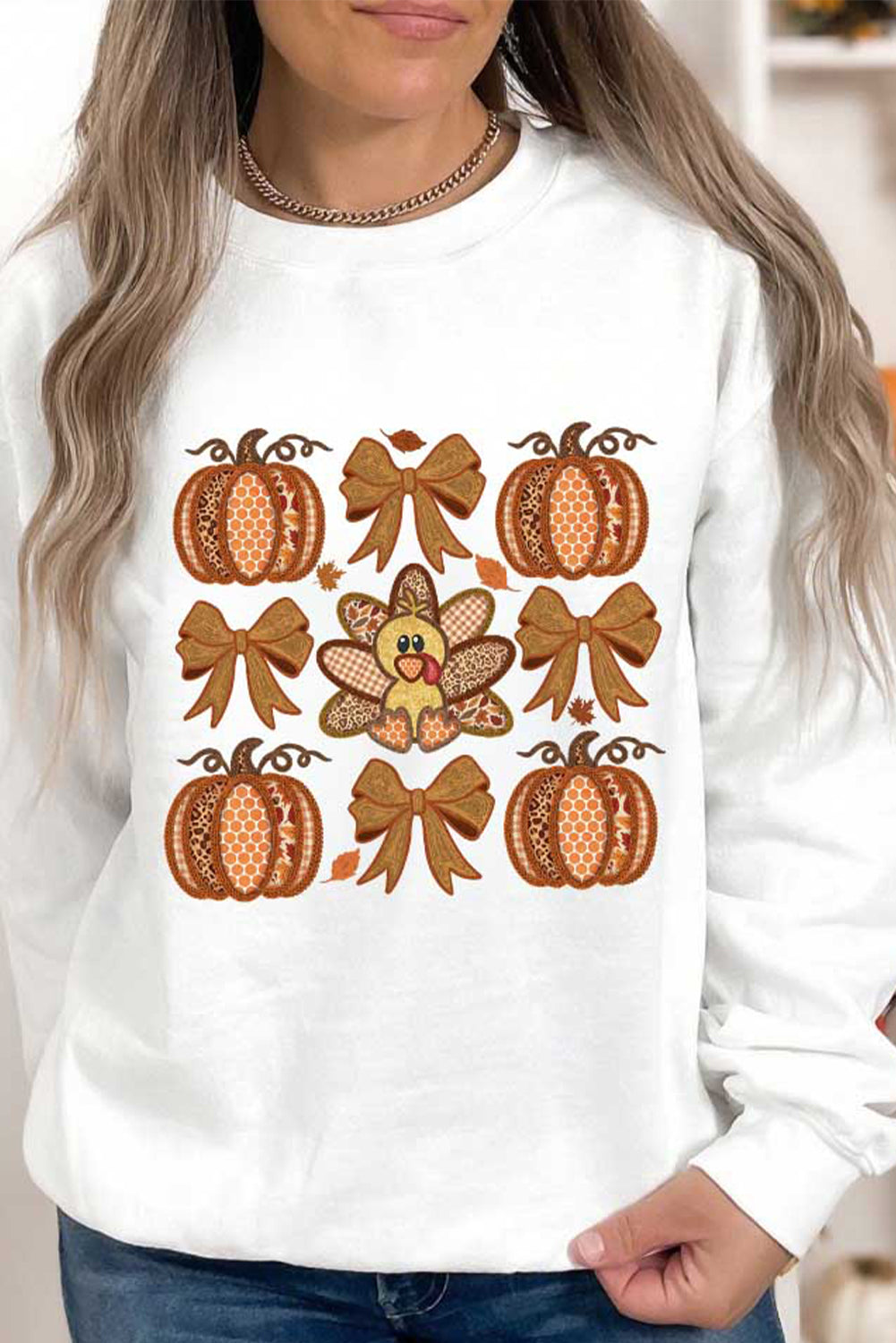 Cute Turkey Fall Pumpkin Bow Print Drop Shoulder Sweatshirt