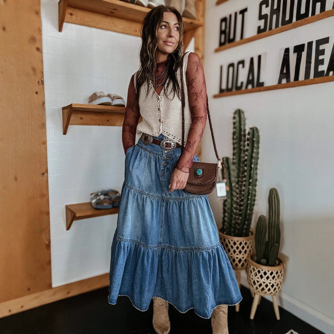 A-LINE LAYERED DENIM SKIRT