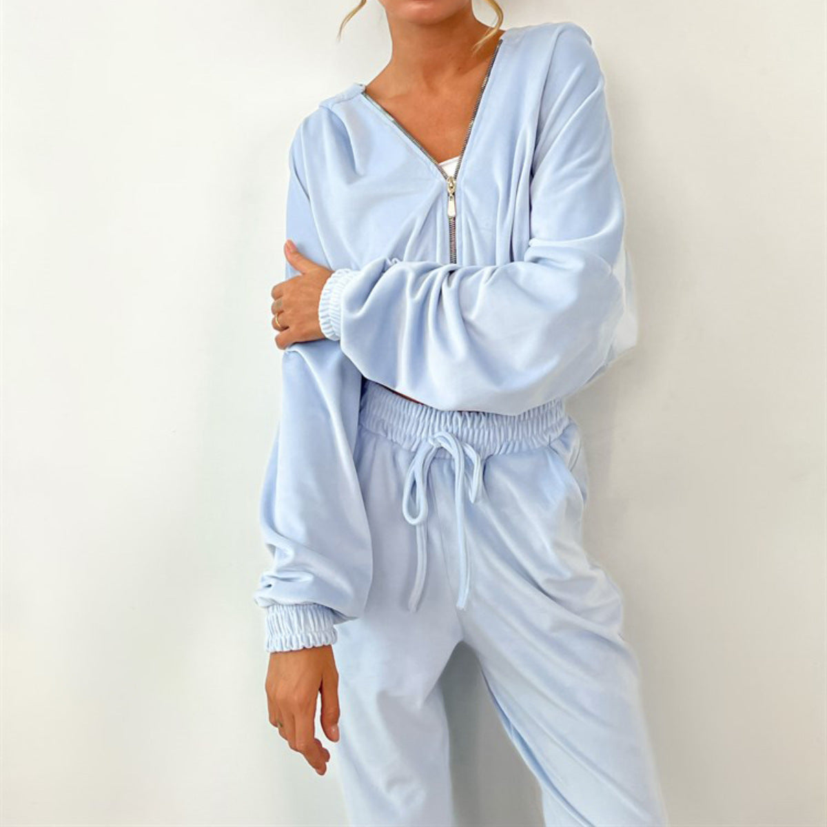 Zipper Hoodie Drawstring Pants Suits