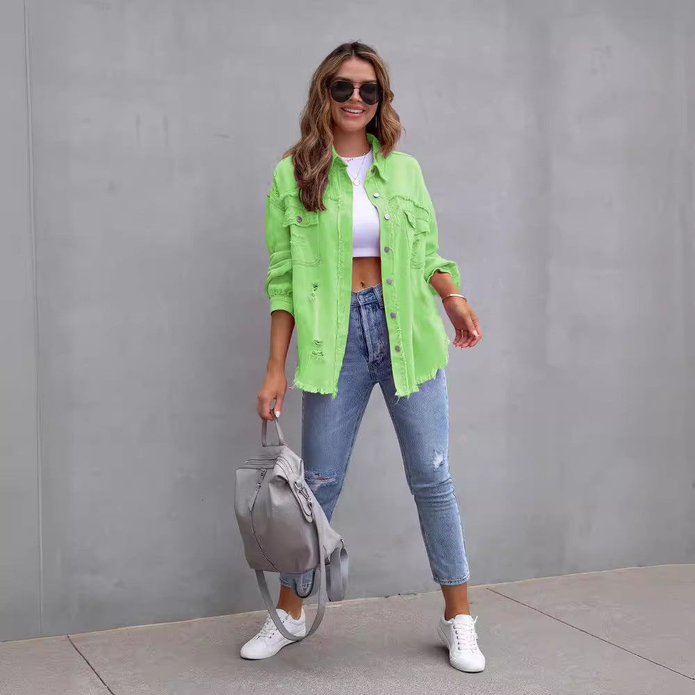 Long Raw Edge Ripped Denim Jacket