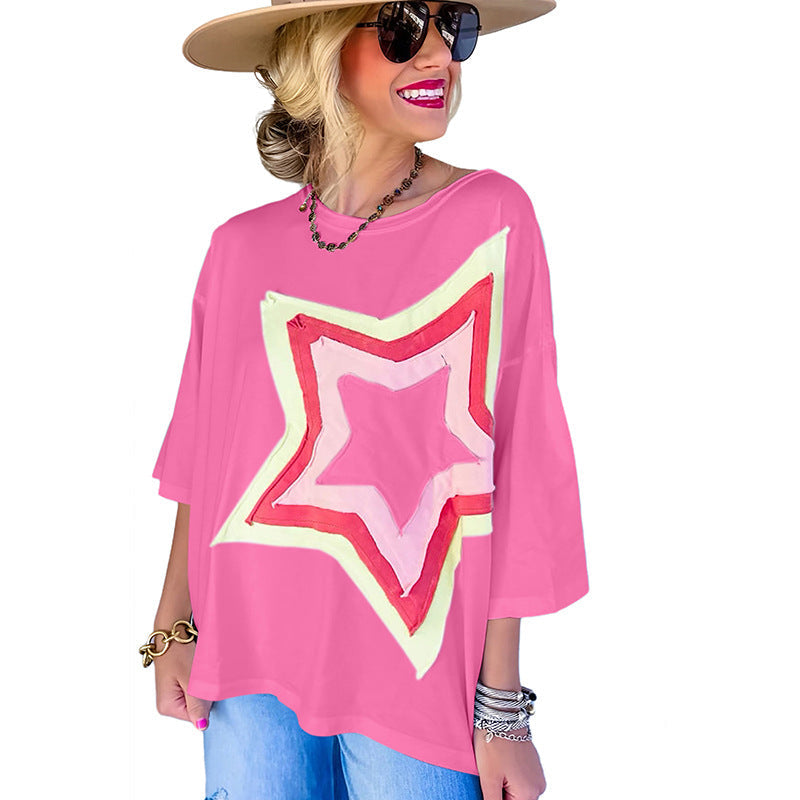 Loose Casual Style Printed Short Sleeved Top