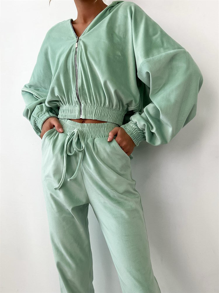 Zipper Hoodie Drawstring Pants Suits