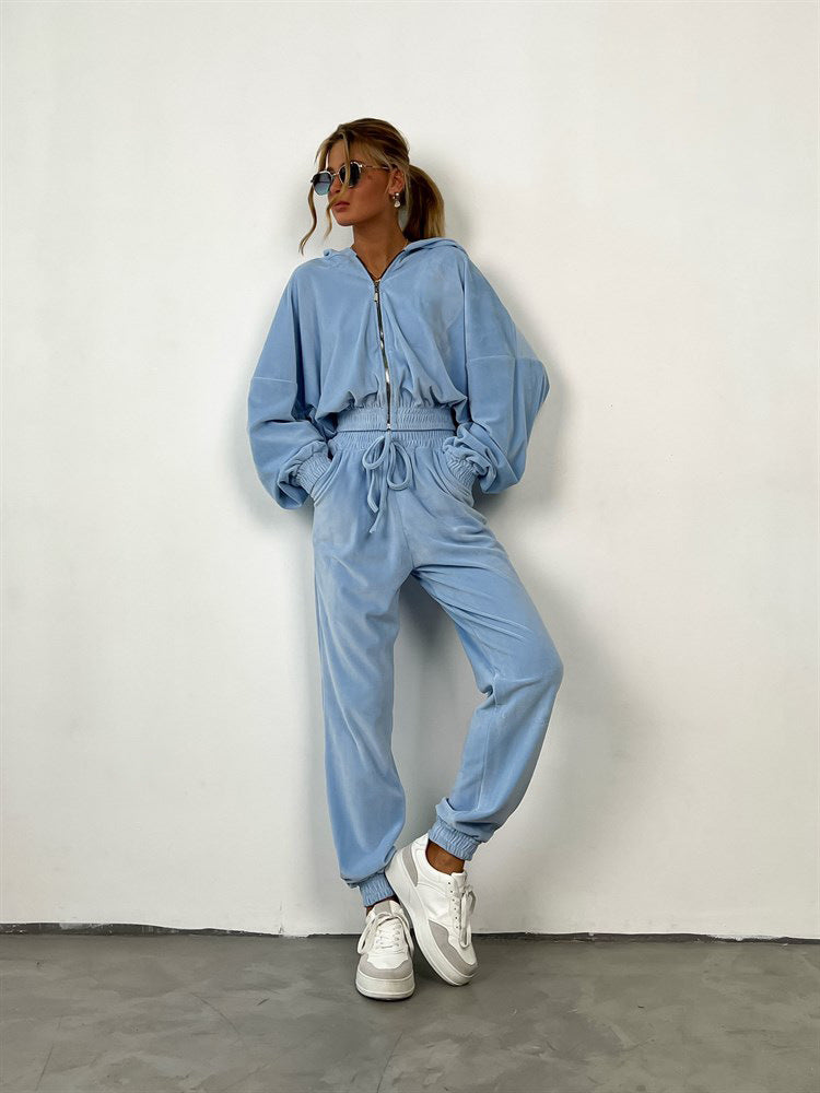 Zipper Hoodie Drawstring Pants Suits