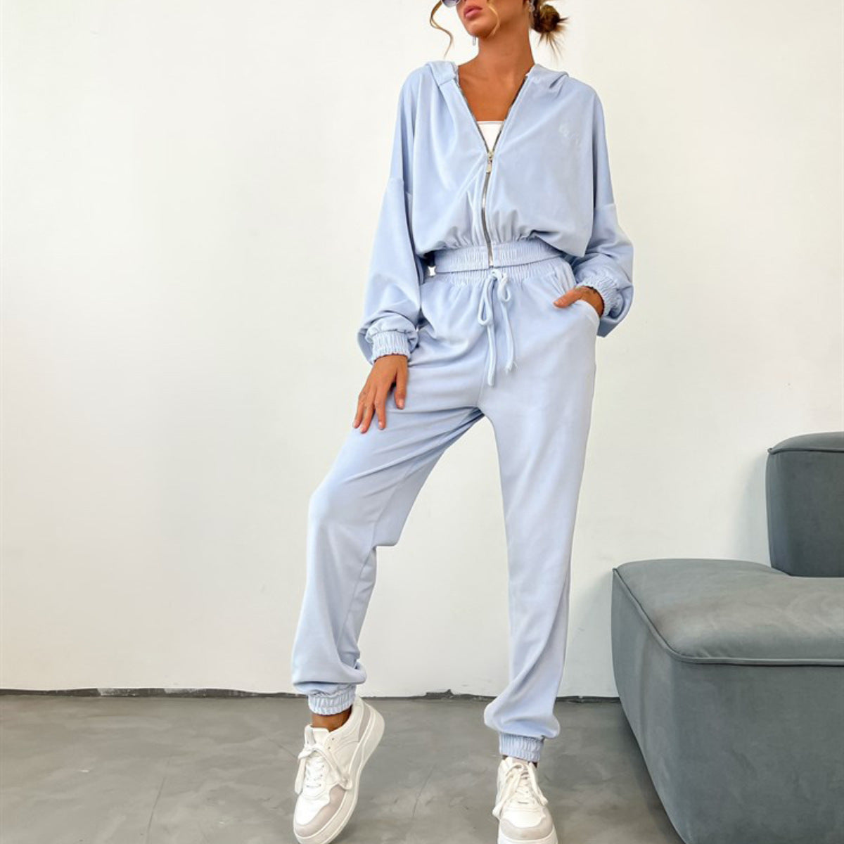 Zipper Hoodie Drawstring Pants Suits