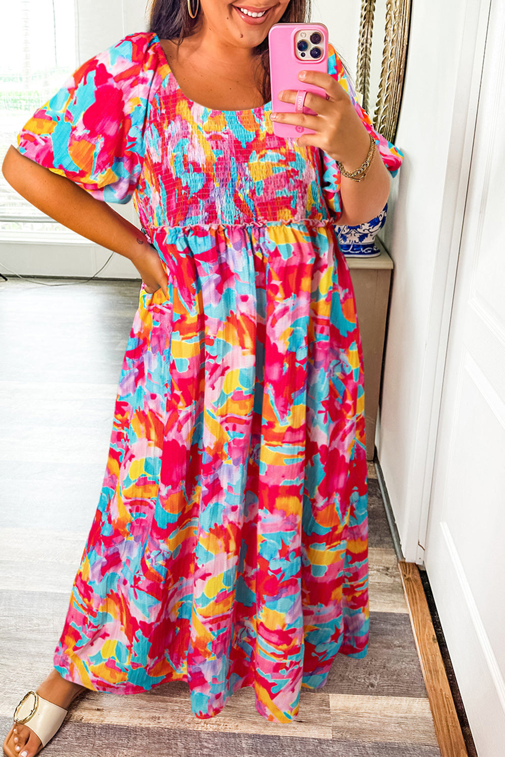 Abstract Printed Puff Sleeve Square Neck Smocked Bust Tied Back Plus Size Dress