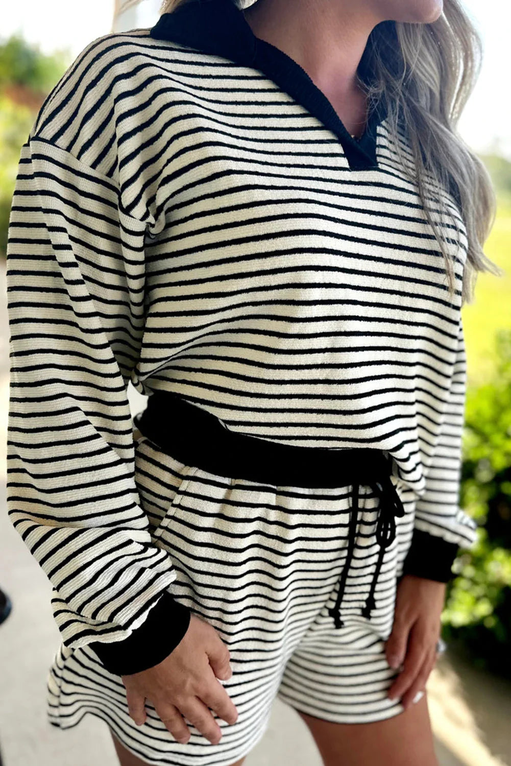 Stripe Collared Tee and Drawstring Shorts Set