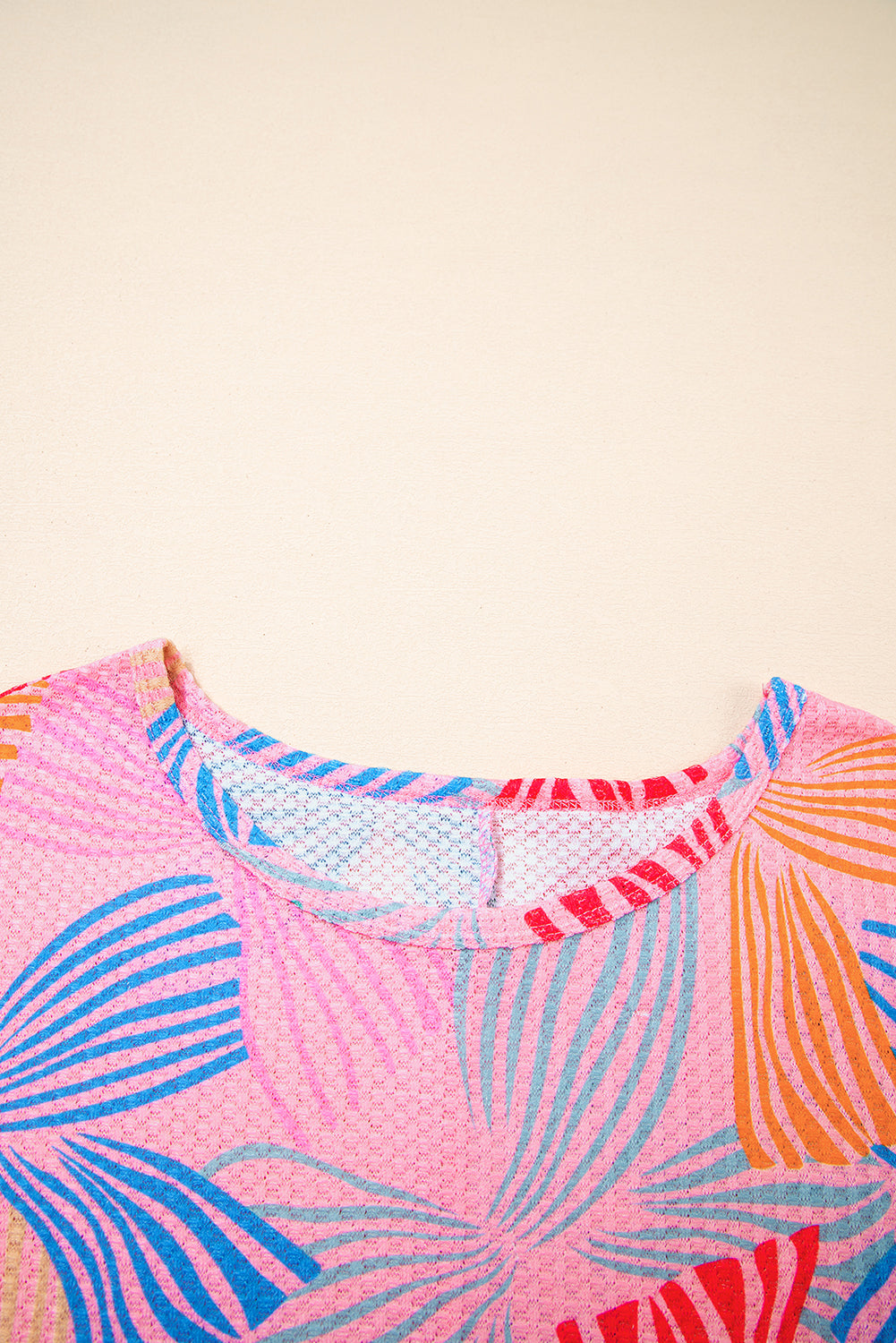 Printed Waffle Crewneck Loose Short Sleeve Top