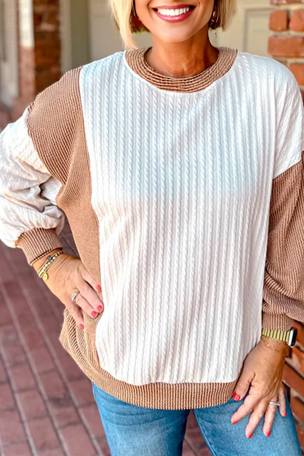 Cable Texture Ribbed Color Block Plus Size Knit Top