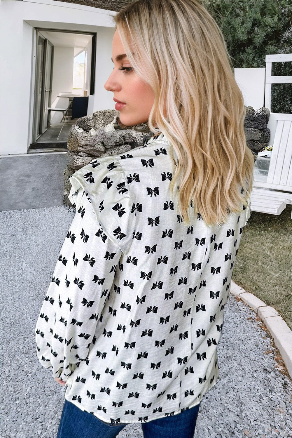 Bow Knot Print Piping Trim Ruffled Blouse
