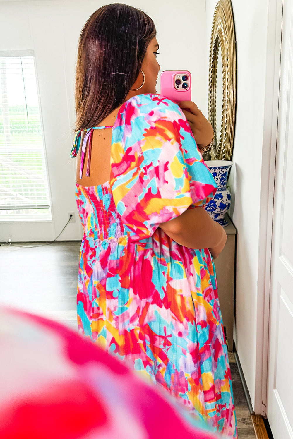 Abstract Printed Puff Sleeve Square Neck Smocked Bust Tied Back Plus Size Dress