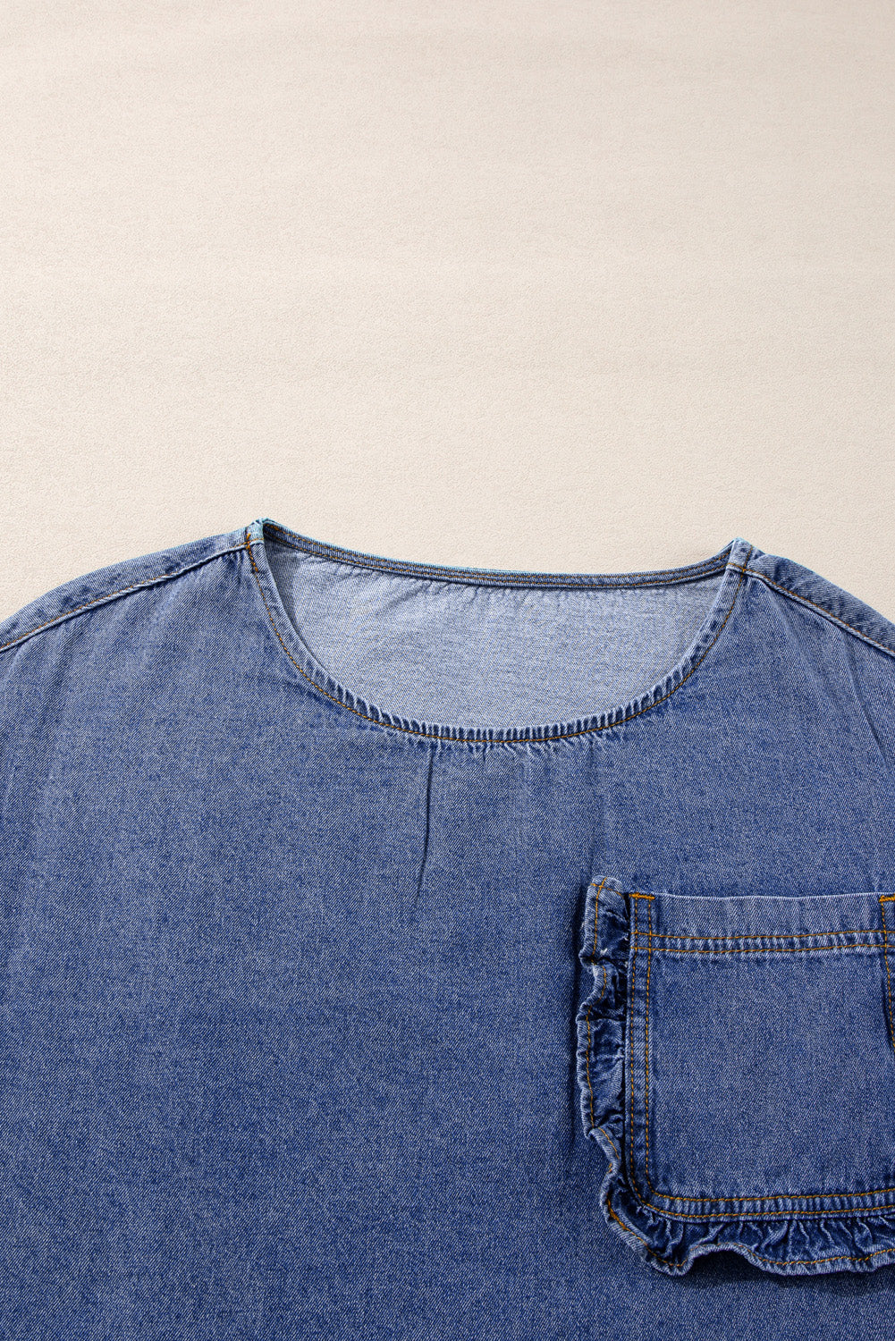 3/4 Sleeve Ruffled Patched Pocket Denim Blouse